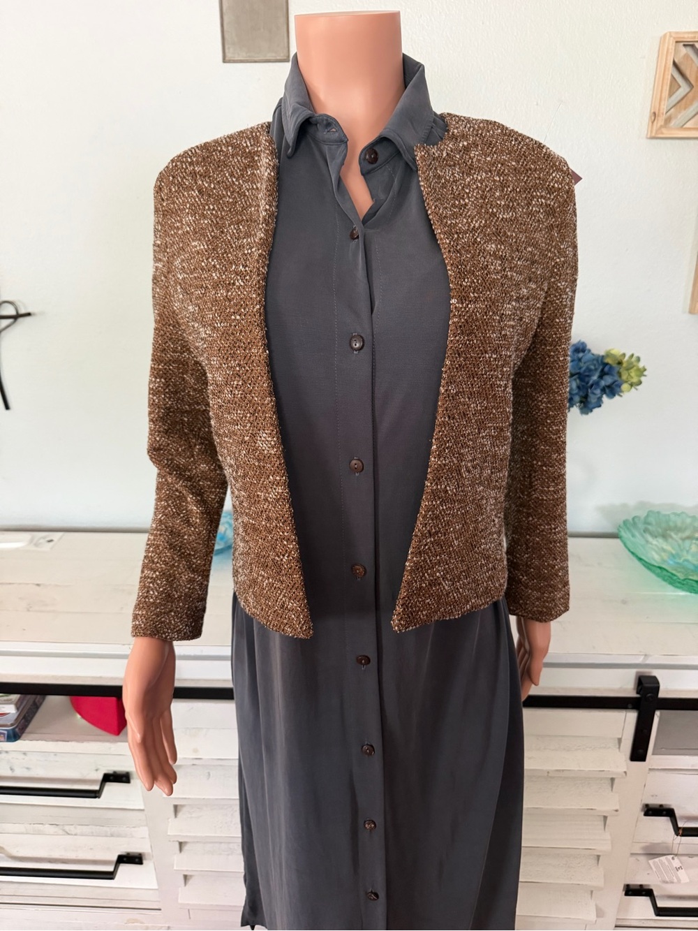 Ann Taylor Factory Brown Textured Open Front Jacket Blazer XS Career Office - Picture 4 of 13